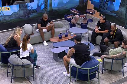Davi, em conversa com Lucas Henrique, Rodriguinho, Wanessa, MC Bin Laden, Vinicius e Yasmin