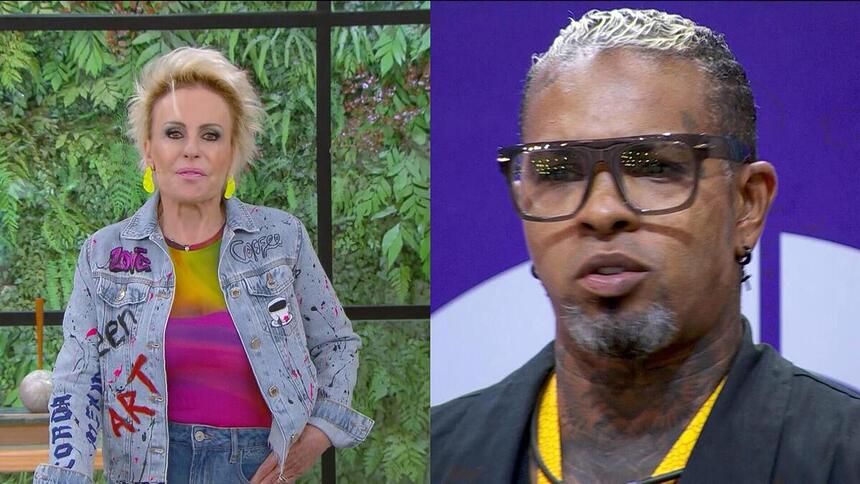 Ana Maria Braga de jaqueta jeans apresentando o Mais Você e Rodriguinho no jogo do Sincerão do BBB 24