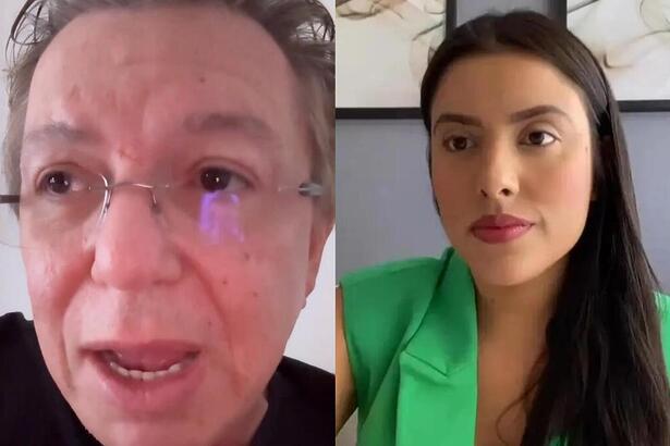 Montagem de Boninho com a boca aberta e Rebeca Mota, suposta desistente de blusa verde olhando para a tela do celular