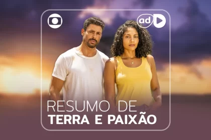 Cauã Reymond e Barbara Reis na arte de divulgação do resumo semanal da novela Terra e Paixão, da TV Globo