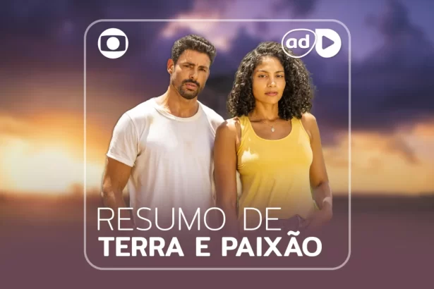 Cauã Reymond e Barbara Reis na arte de divulgação do resumo semanal da novela Terra e Paixão, da TV Globo