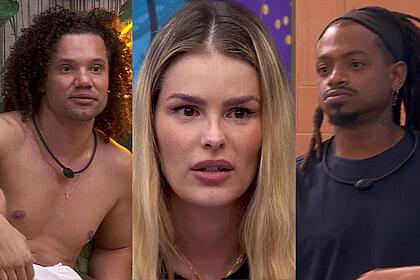 Yasmin, Maycon e Lucas Luigi em uma montagem no BBB 24