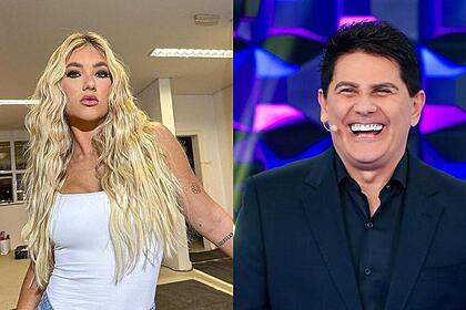 Montagem com Virginia Fonseca com semblante sério nos bastidores do SBT e Cesar Filho sorrindo, no Programa Silvio Santos