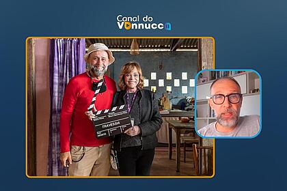 Diretor Mauro Mendonça Filho ao lado de Glória Perez na arte da Coluna do Vannucci ao vivo de 15 de fevereiro de 2024