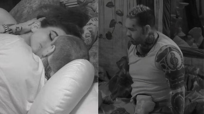 MC Bin e Giovanna trocam carícias no quarto, em montagem com Rodriguinho