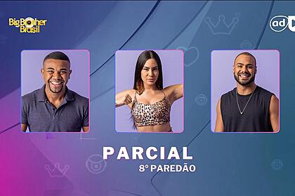 Davi, Isabelle e Marcus Vinicius na arte de parcial da enquete do 8º paredão do BBB 24
