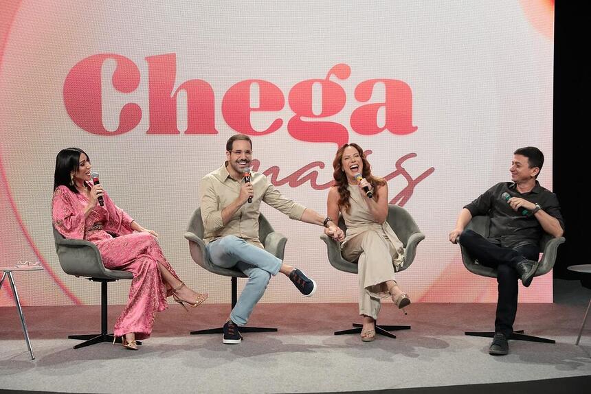 Rogerio Pallata, Regina Volpato, Paulo Mathias e Michelle Barros na coletiva do Chega Mais