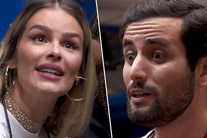 Yasmin e Matteus, em uma montagem em trecho da discussão no BBB 24