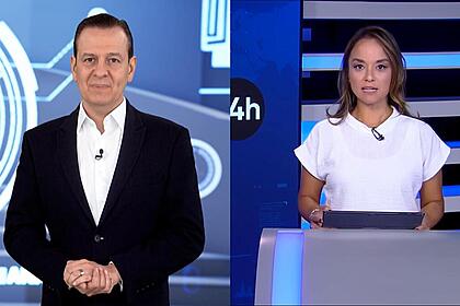 Celso Zucatelli no cenário do Quilos Mortais ao lado de Lidiane Shayuri apresentando o JR 24h