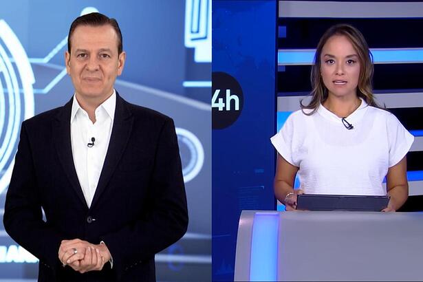 Celso Zucatelli no cenário do Quilos Mortais ao lado de Lidiane Shayuri apresentando o JR 24h