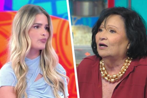Yasmin Brunet faz bico olhando para Dona Dea no Domingão