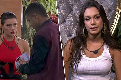 Briga de Davi e Beatriz em uma montagem com Alane votando no confessionário