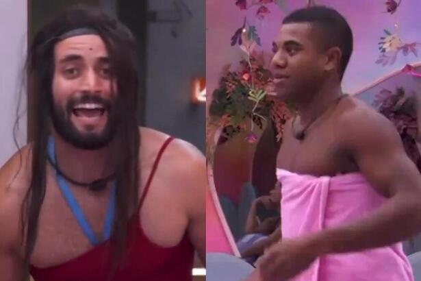Davi e Matteus reproduzindo a cena de Beatriz derrubando Sabrina Sato no Quarto Fadas do BBB 24