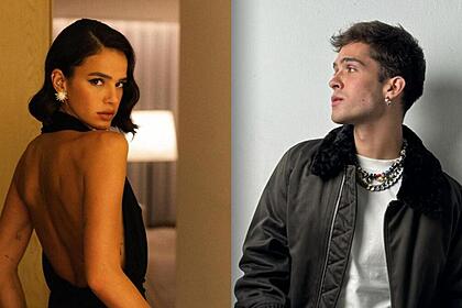 Montagem com Bruna Marquezine de vestido preto e João Guilherme de casaco preto