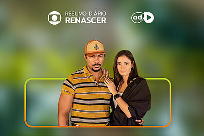 Damião e Eliana na arte de resumo da novela Renascer