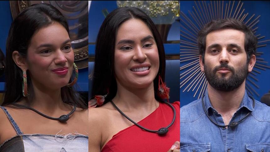Alane, Isabelle e Matteus na sala do BBB 24 pedindo votos para ficar no reality show