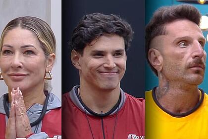 Baronesa com as mãos unidas, bruno cardoso sorrindo e guipa sério na sala da mansão do a grande conquista após caírem na 1ª zona de risco