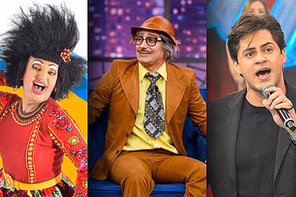 Montagem com os humoristas aurineide camurupim, mução e lucas veloso que estão entre os participantes do acerte ou caia!
