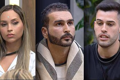 Any, brenno e kaio sentados no sofá da mansão do a grande conquista após a indicação da zona de risco