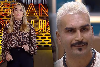 Rachel sheherazade irritada no cenário do a grande conquista e brenno sentado no sofá da mansão ouvindo o esporro