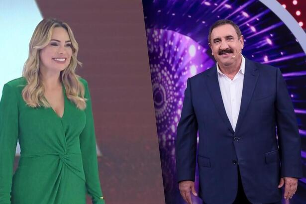 Ratinho sorrindo no SBT e Rachel Sheherazade sorrindo na apresentação do A Grande Conquista 2