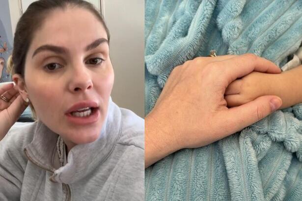 Bárbara Evans em montagem com o filho na UTI