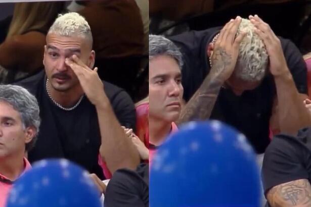 Brenno chorando e de cabeça baixa na dinâmica de A Grande Conquista