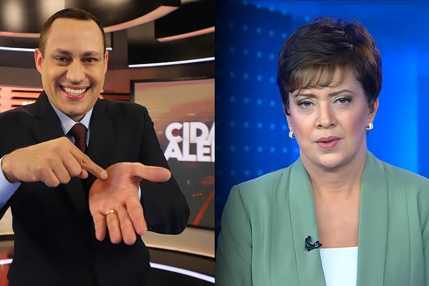 Ernani Alves aponta o dedo para a mão, sorrindo no cenário do Cidade Alerta Rio. Ao lado, Christina Lemos com semblante sério apresentando o Jornal da Record