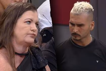 Dona geni e brenno em montagem com trechos da discussão de a grande conquista