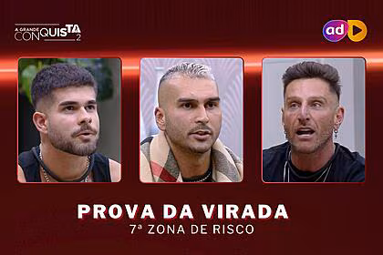 Lucas de albú, brenno e guipa com semblante de surpresa na arte da enquete da 7ª prova da virada do a grande conquista 2