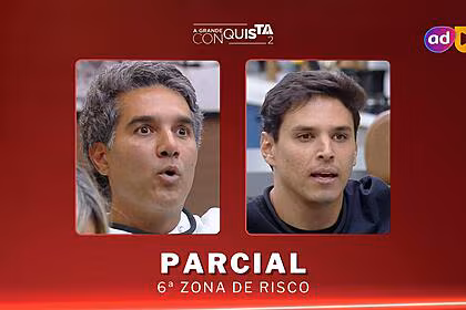 Fernando com o semblante espantado, enquanto bruno cardoso aparece sério na mansão do a grande conquista na arte da enquete