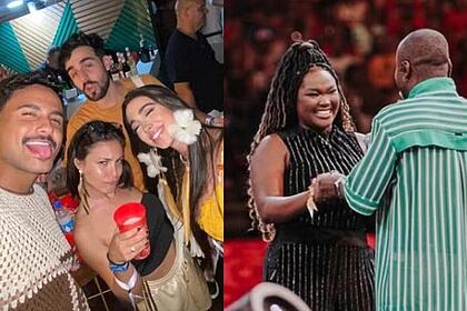 Pizane, Matteus, Giovana e Beatriz no Festival de Parintins, em montagem com Raquele cantando com Thiaguinho