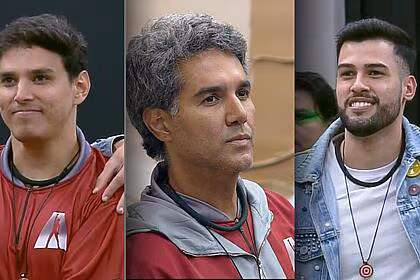 Bruno, fernando e kaio na sala da mansão após confirmação de que estão na 6ª zona de risco da mansão do a grande conquista 2