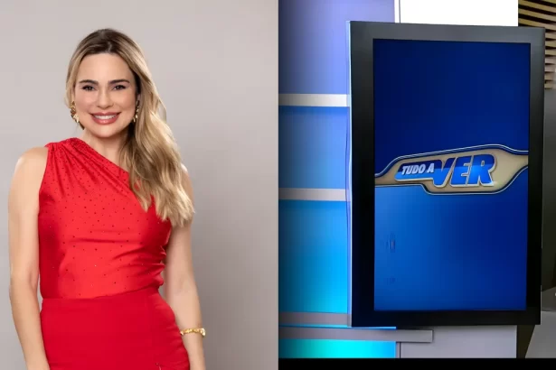 Rache Sheherazade de vestido vermelho, sorrindo e ao lado do logo do Tudo a Ver na RECORD.