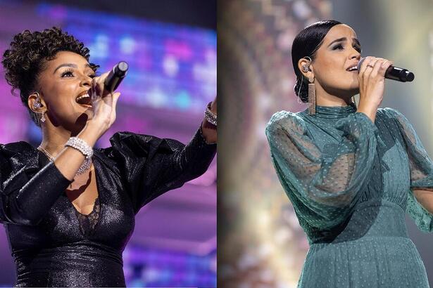 Tirza Almeida e Thuany Schnaider seguram microfone e cantam no palco do Canta Comigo 6
