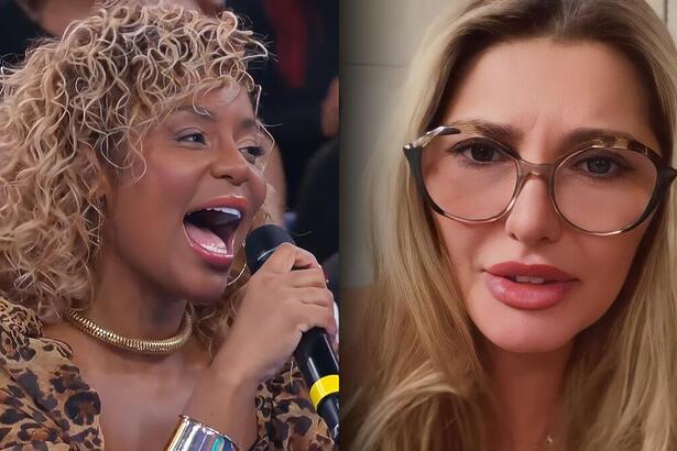 Cariúcha com o microfone do Programa do Ratinho nas mãos e sorrindo. Ao lado, Antonia Fontenelle assustada