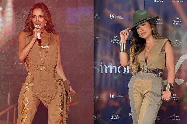 Claudia Leitte cantando no São João de Caruaru e Simone Mendes nos bastidores