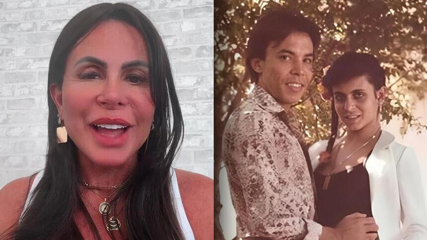 Chrystian abraçado a Gretchen em foto antiga próximo ao uma árvore