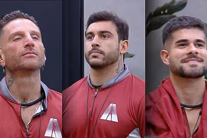 Guipa, hadad e lucas de albú olham para o telão do a grande conquista em conversa com rachel sheherazade