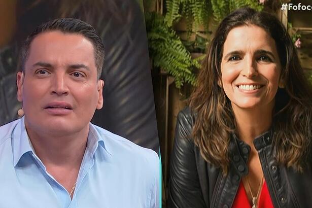 Leo dias com semblante assustado no Fofocalizando em montagem com Malu Mader