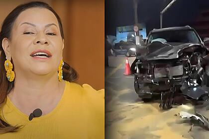 Dona Ruth em vídeo no canal de youtube, ao lado o carro destruído após acidente