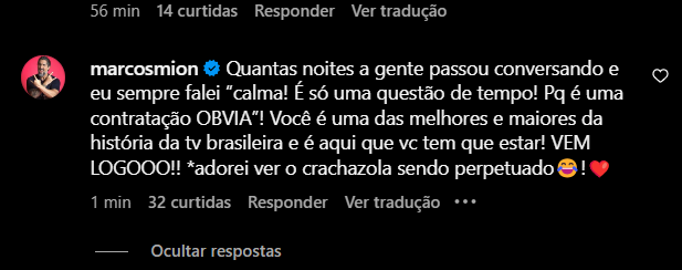 Comentário de Mion no vídeo de anúncio de Eliana
