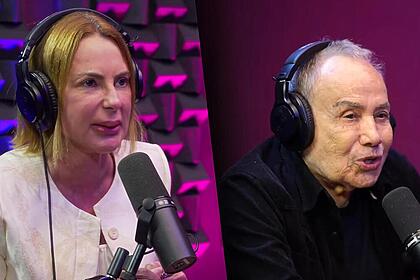 Stênio Garcia ao lado de Marilene Saad na mesa do Podcast Papagaio Falante