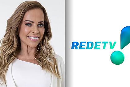 Christina Rocha sorrindo ao lado do logo da RedeTV!