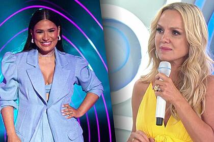 Simone Mendes sorrindo dividindo tela com Eliana, chorando no último programa do SBT