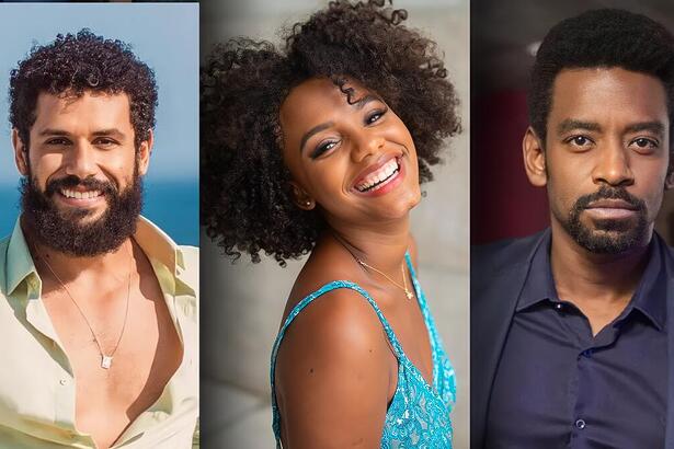 Montagem com os atores Amaury Lorenzo, Jéssica Ellen e Fabrício Boliveira. Os três protagonistas de Volta Por Cima estão sorrindo