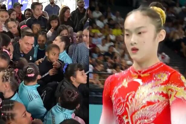 Tiago Medeiros rodeado de crianças, em montagem com ginasta chinesa
