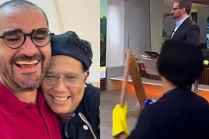 Marcelo Cosme abraçando a faxineira Rosana, em montagem com Rosana invadindo o Em Pauta na GloboNews