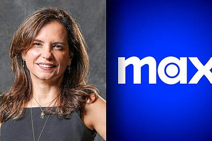 Montagem com Angela Chaves ao lado do logo do streaming MAX