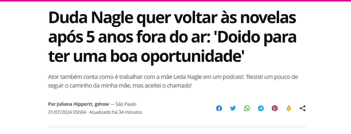 Manchete da declaração de Duda ao Gshow
